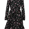 Black silk rose print taffeta long sleeve A-line knee-length dress with gathered neckline and tiered skirt