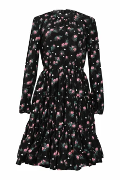 Black silk rose print taffeta long sleeve A-line knee-length dress with gathered neckline and tiered skirt