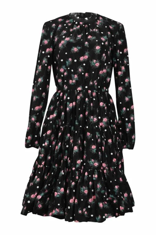 Black silk rose print taffeta long sleeve A-line knee-length dress with gathered neckline and tiered skirt