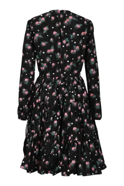 Black silk rose print taffeta long sleeve A-line knee-length dress with gathered neckline and tiered skirt