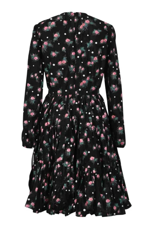 Black silk rose print taffeta long sleeve A-line knee-length dress with gathered neckline and tiered skirt
