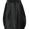 Black silk satin cocoon-style sleeveless balloon dress with rose appliqués at neckline