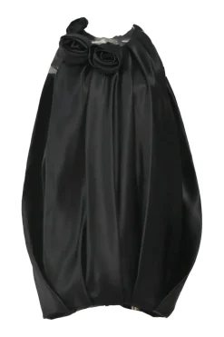 Black silk satin cocoon-style sleeveless balloon dress with rose appliqués at neckline