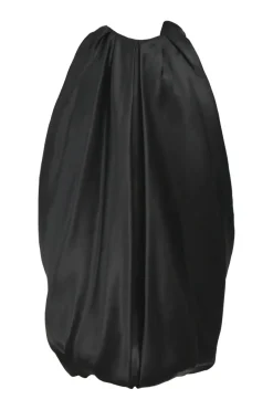 Black silk satin cocoon-style sleeveless balloon dress with rose appliqués at neckline