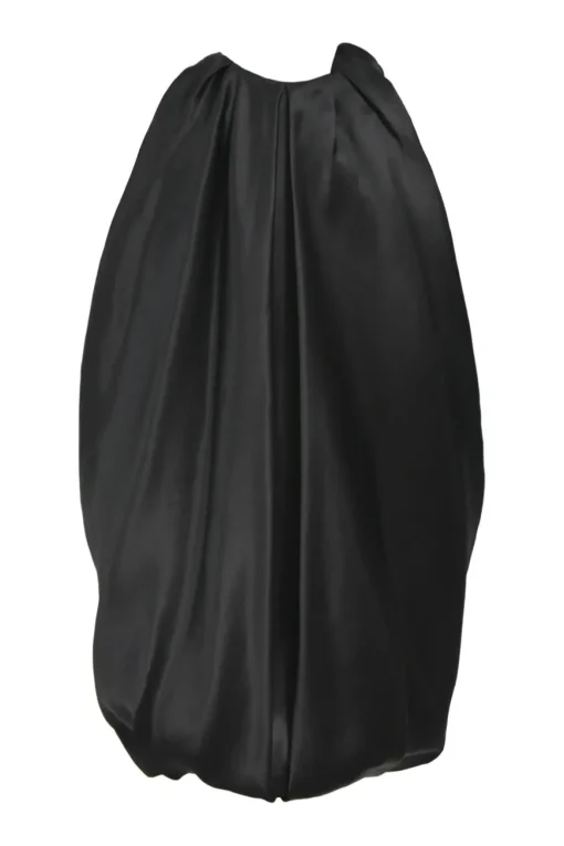 Black silk satin cocoon-style sleeveless balloon dress with rose appliqués at neckline