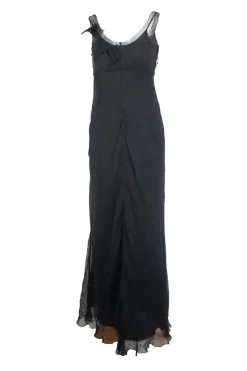 Black silk sheer maxi dress with stitch detail on the bust and camisole on the inside.