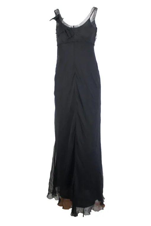 Black silk sheer maxi dress with stitch detail on the bust and camisole on the inside.