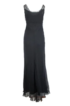 Black silk sheer maxi dress with stitch detail on the bust and camisole on the inside.