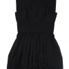 Black silk sleeveless bubble mini dress with gathered bodice, skirt, and pleated waistband