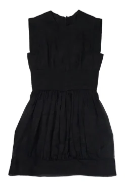 Black silk sleeveless bubble mini dress with gathered bodice, skirt, and pleated waistband