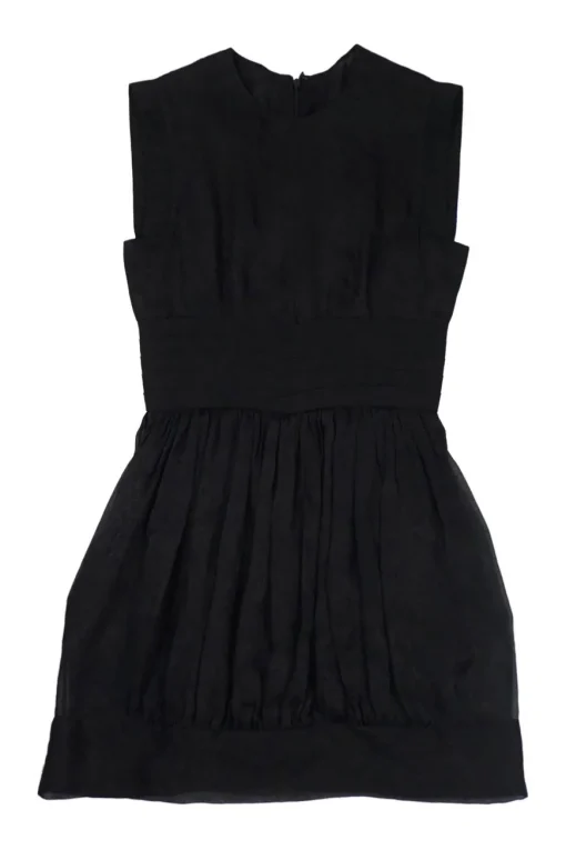 Black silk sleeveless bubble mini dress with gathered bodice, skirt, and pleated waistband
