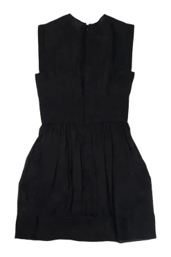 Black silk sleeveless bubble mini dress with gathered bodice, skirt, and pleated waistband