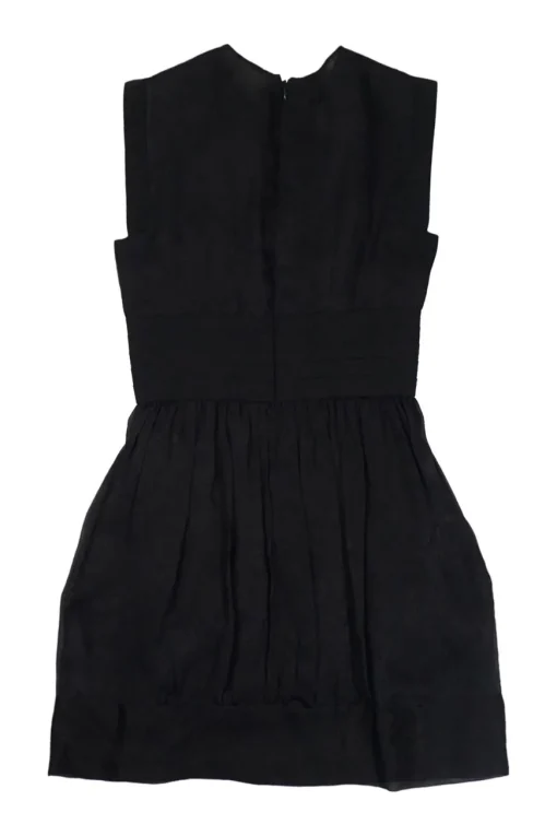 Black silk sleeveless bubble mini dress with gathered bodice, skirt, and pleated waistband
