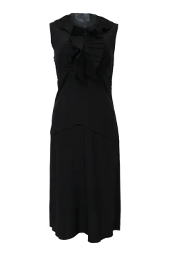 Black silk sleeveless sheath dress with frill collar and bib