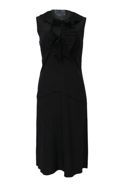 Black silk sleeveless sheath dress with frill collar and bib