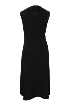 Black silk sleeveless sheath dress with frill collar and bib