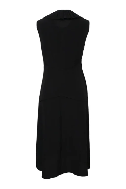 Black silk sleeveless sheath dress with frill collar and bib