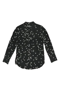 Black silk star print classic collar button-front shirt with chest cargo pockets