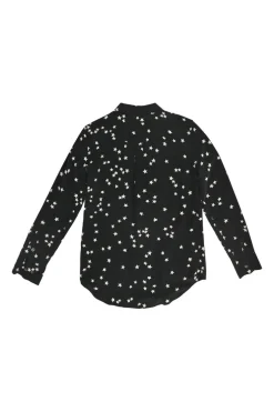 Black silk star print classic collar button-front shirt with chest cargo pockets