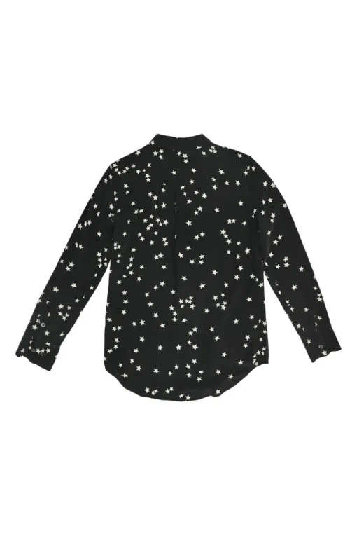 Black silk star print classic collar button-front shirt with chest cargo pockets