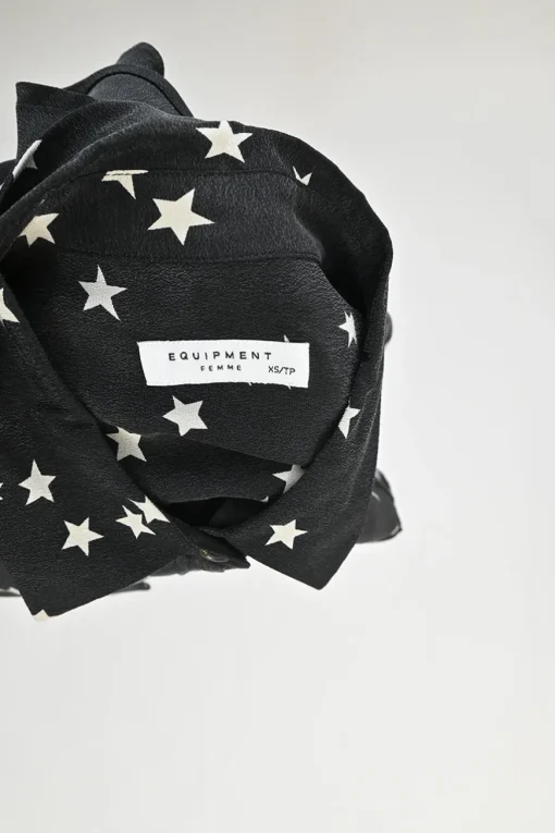 Black silk star print classic collar button-front shirt with chest cargo pockets