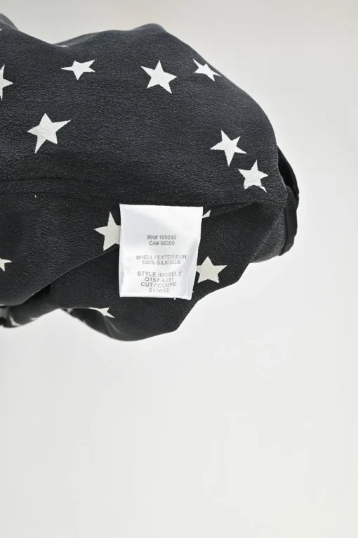 Black silk star print classic collar button-front shirt with chest cargo pockets
