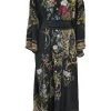 Black silk Studio 54 floral print button-front tie-waist plunge neck batwing sleeve midi dress