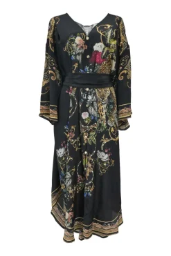 Black silk Studio 54 floral print button-front tie-waist plunge neck batwing sleeve midi dress