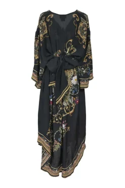 Black silk Studio 54 floral print button-front tie-waist plunge neck batwing sleeve midi dress