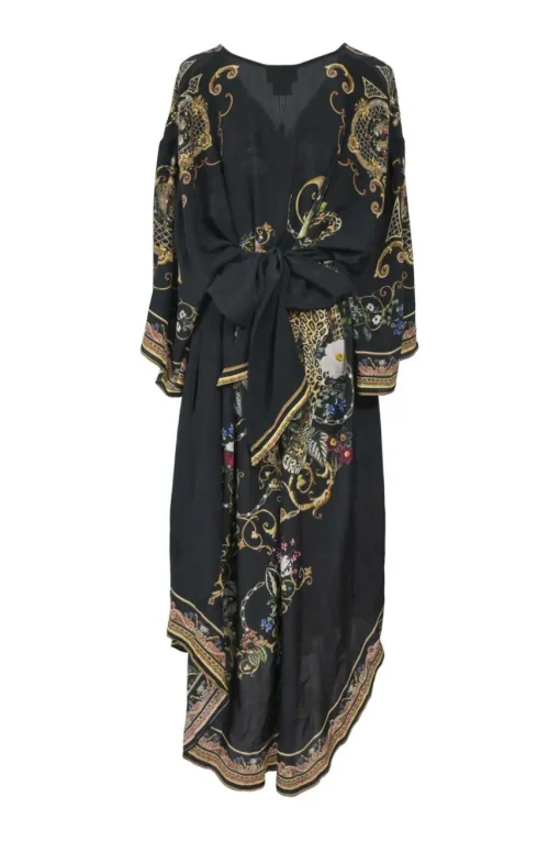Black silk Studio 54 floral print button-front tie-waist plunge neck batwing sleeve midi dress