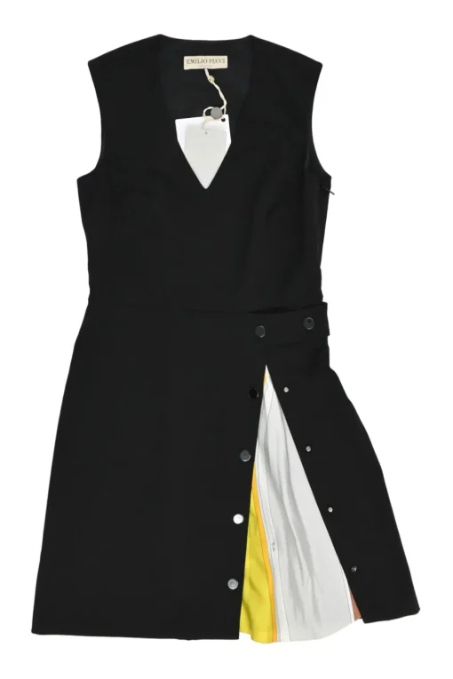 Black silk V-neck sleeveless apron skort mini dress with contrasting foulard skirt insert