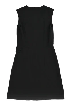 Black silk V-neck sleeveless apron skort mini dress with contrasting foulard skirt insert