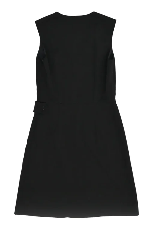 Black silk V-neck sleeveless apron skort mini dress with contrasting foulard skirt insert