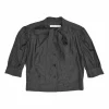 Black silk windowpane check tie-neck puff-sleeve blouse with button fastening at centre front