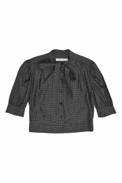 Black silk windowpane check tie-neck puff-sleeve blouse with button fastening at centre front