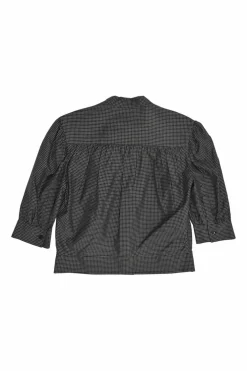 Black silk windowpane check tie-neck puff-sleeve blouse with button fastening at centre front