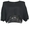 Black silk-blend crewneck pullover cropped knit top with high-low hem