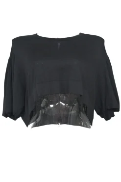 Black silk-blend crewneck pullover cropped knit top with high-low hem