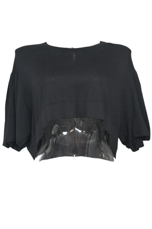 Black silk-blend crewneck pullover cropped knit top with high-low hem