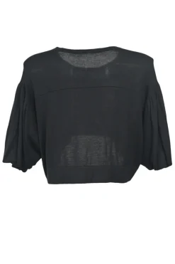 Black silk-blend crewneck pullover cropped knit top with high-low hem