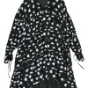 Black silk-blend rose fil-coupé tie-neck keyhole-front swing-style ruffle shift dress with high-low hem