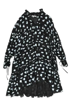 Black silk-blend rose fil-coupé tie-neck keyhole-front swing-style ruffle shift dress with high-low hem