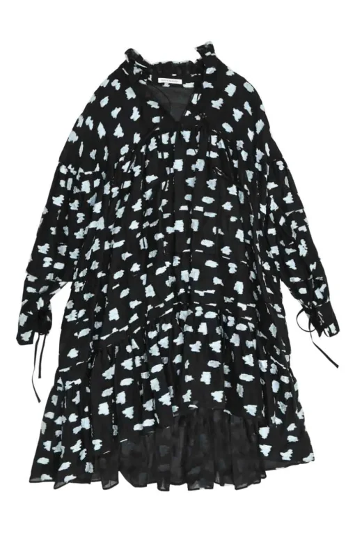 Black silk-blend rose fil-coupé tie-neck keyhole-front swing-style ruffle shift dress with high-low hem