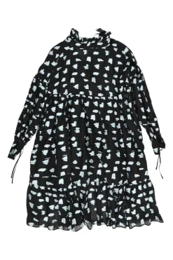 Black silk-blend rose fil-coupé tie-neck keyhole-front swing-style ruffle shift dress with high-low hem