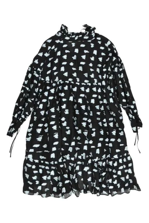 Black silk-blend rose fil-coupé tie-neck keyhole-front swing-style ruffle shift dress with high-low hem