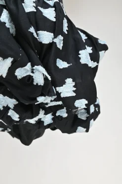 Black silk-blend rose fil-coupé tie-neck keyhole-front swing-style ruffle shift dress with high-low hem