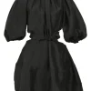 Black silk-linen blend Mimosa balloon sleeve tie-waist mini dress with gathered neckline and cutout back