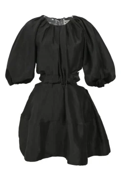Black silk-linen blend Mimosa balloon sleeve tie-waist mini dress with gathered neckline and cutout back