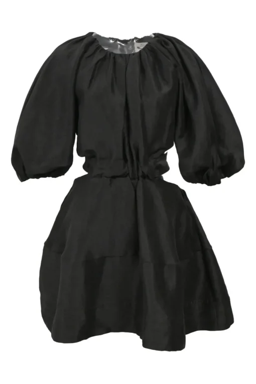 Black silk-linen blend Mimosa balloon sleeve tie-waist mini dress with gathered neckline and cutout back
