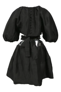 Black silk-linen blend Mimosa balloon sleeve tie-waist mini dress with gathered neckline and cutout back